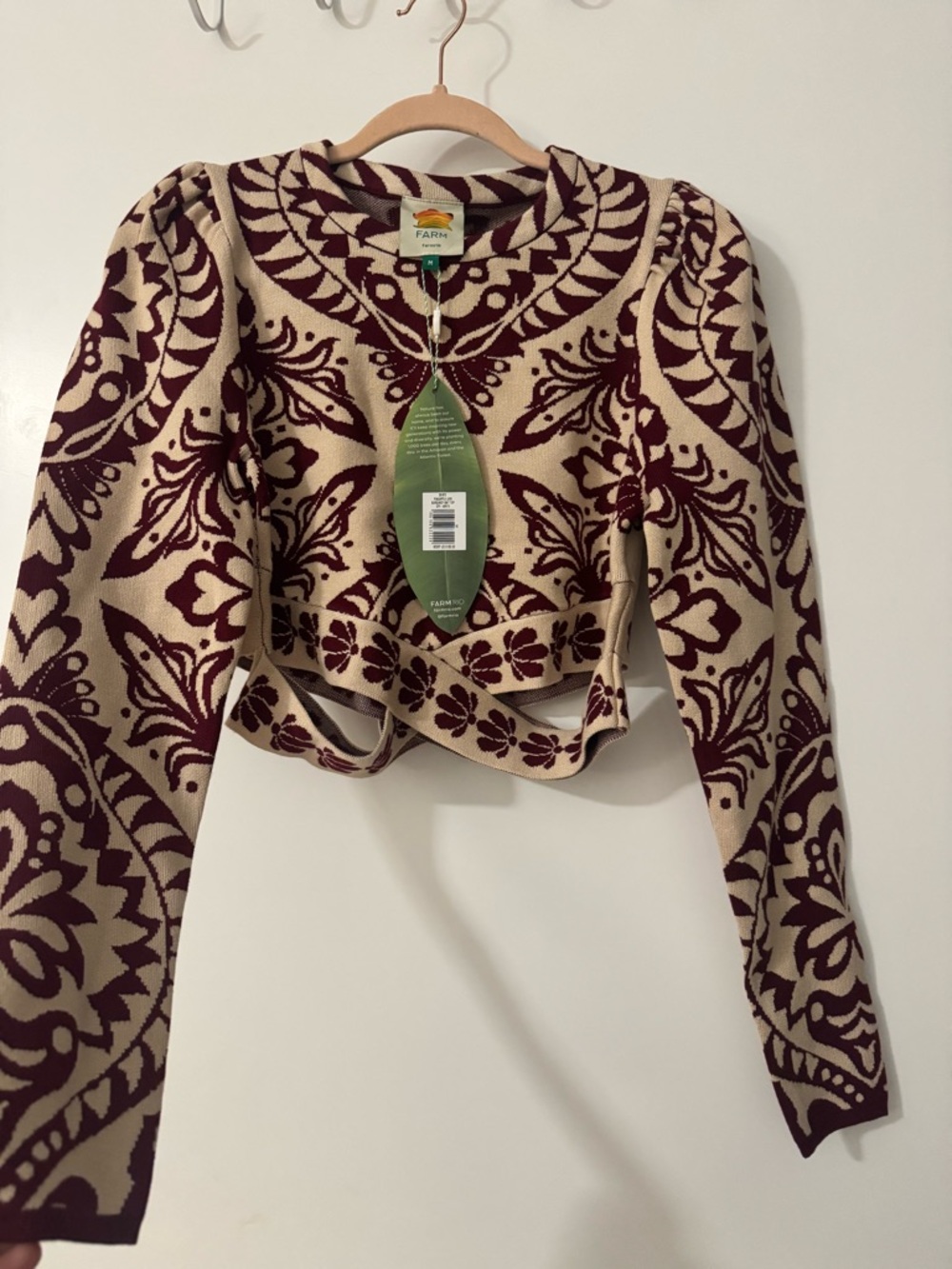 Never Used - FARM Rio Burgundy & Cream Floral Jacquard Crop Sweater - Picture 3 of 5